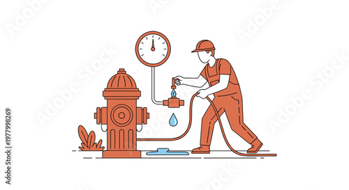 A detailed technical illustration shows a dedicated utility worker in protective gear connecting a flexible hose to a robust orange fire hydrant for maintenance.