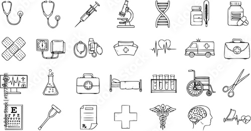 Black and White Line Art Medical and Healthcare Icons Set: Hand Drawn Doodle Collection of Equipment, Tools, and Symbols for Health Industry Concepts