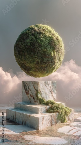 Vertical 3D podium with a large mossy stone sphere under a cloudy sky. organic surrealism, metaphysical architecture, mossy stage.