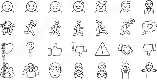 Mood Swings Vector Line Art Icons: Emotions, Feelings, Social Interaction