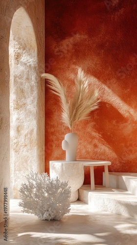 Vertical 3D podium with a white floral sculpture in a warm sunlit room. organic surrealism, metaphysical architecture, floral gallery.