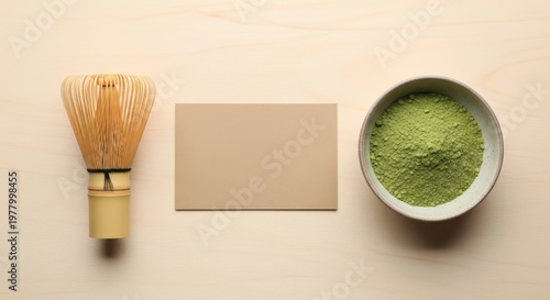 Matcha green tea ingredients flat lay.