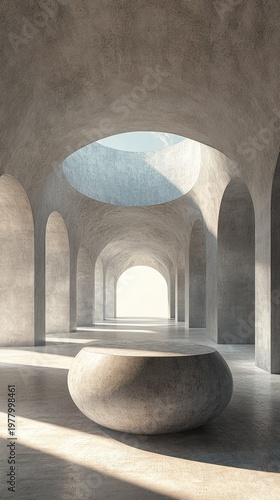 Vertical 3D podium in a grey stone chamber with arched ceilings and soft light. organic surrealism, metaphysical architecture, stone vault.