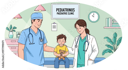 Pediatric clinic, doctor and nurse with child, medical vector illustration, healthcare professionals, kids care