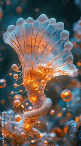 Vertical 3D podium featuring glowing organic jellyfish shapes in a surreal blue space. organic surrealism, metaphysical architecture, underwater theme.