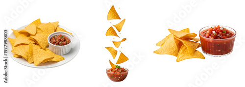 A plate of tortilla chips with salsa on transparent background