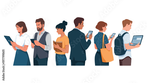 A vibrant collection of diverse individuals smiling while using various portable electronic gadgets and laptops