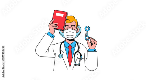 Medical professional, doctor, cartoon character, vector illustration, healthcare worker, wearing mask, stethoscope, holding book and syringe