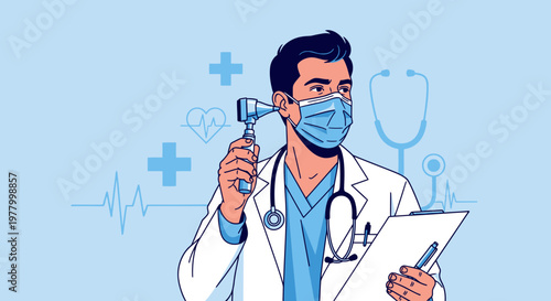 Medical, doctor, healthcare, vector illustration, blue, cartoon, stethoscope, mask, clipboard, medicine