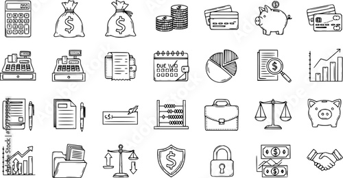Finance Sketch Icons: Hand-Drawn Money, Banking, Investment, and Business Vector Illustrations in Outline Style
