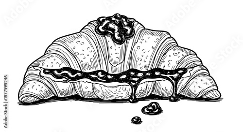 Black and white illustration of a croissant filled with jam, detailed line art on white background