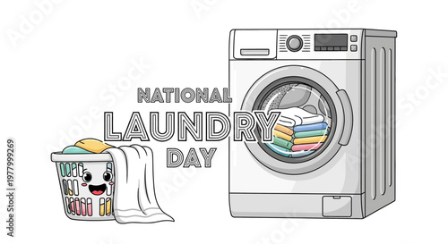 Cartoon illustration celebrating National Laundry Day featuring a smiling laundry basket overflowing with clothes and a washing machine with folded garments against a clean white