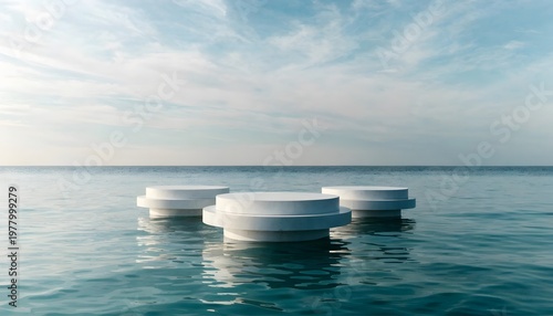 Three Minimalist White Podiums Floating on Calm Ocean Modern Product Display