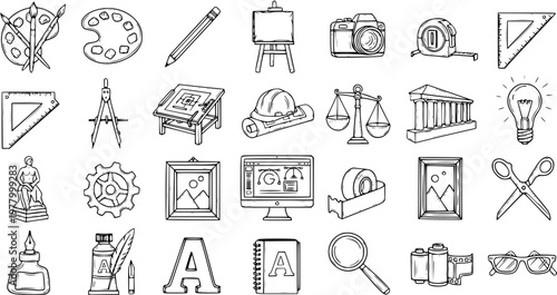 Black and White Line Art Icons of Art and Design Tools, Creative Supplies and Creative Process Objects