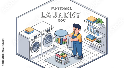 A cheerful man loads a washing machine with clothes in a bright, isometric laundry room illustration, with shelves of detergents and a laundry basket, celebrating national laundry day