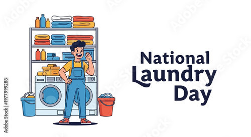 A cheerful cartoon man happily waves next to a washing machine in a laundry room, visualized in a bright vector illustration celebrating National Laundry Day with a clean, organized scene