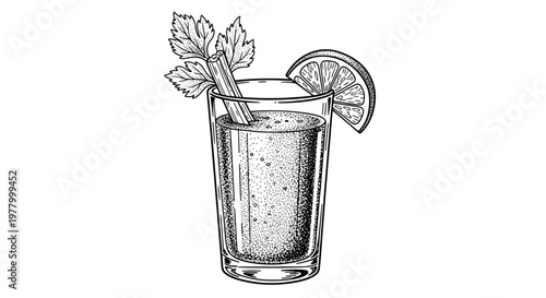 Detailed black and white illustration of a glass filled with tomato juice garnished with celery and a lemon slice