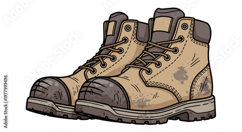 Illustration of rugged work boots with dirty stains, showcasing detailed stitching and worn textures on a white background