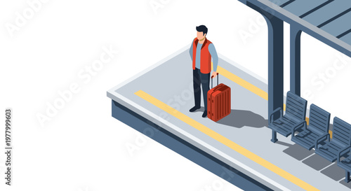Man waiting at a modern train station platform with luggage, wearing a red vest, surrounded by empty seats and minimalistic design, isometric illustration