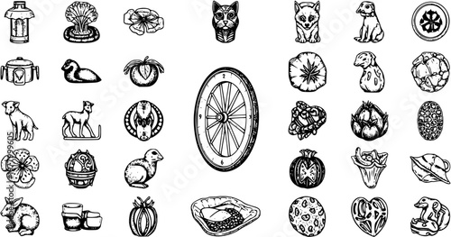 Sketch Art: Wheel, Cat, Dogs, Duck, Food, Shell, Heart Vector Illustration