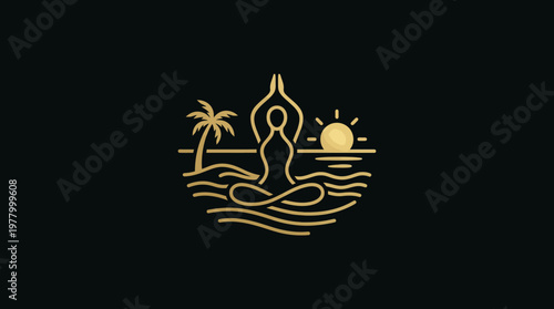 Meditating Person on Beach with Palm and Sun Logo