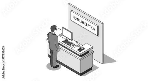 Isometric illustration of a man standing at a hotel reception desk with a computer and phone, monochrome style, minimalist design