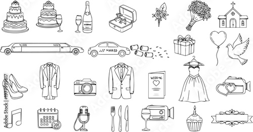 Hand-drawn Wedding Line Art Icons Set. Black and White Doodle Collection of Marriage, Celebration, and Event Planning Elements and Symbols.