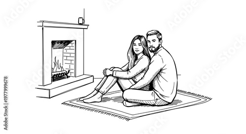 Illustration of a couple sitting together on a rug by a cozy fireplace, black and white line art, intimate and relaxed atmosphere