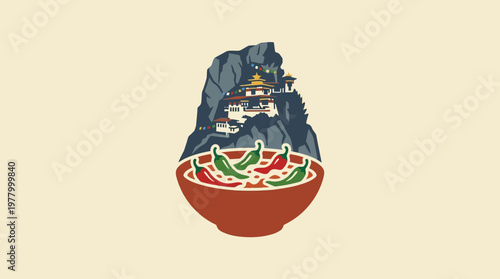 Bhutanese Cuisine Spicy Chili Noodles with Mountain Backdrop