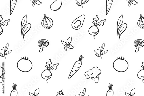 A seamless pattern of various vegetables and fruits in a simple line drawing style