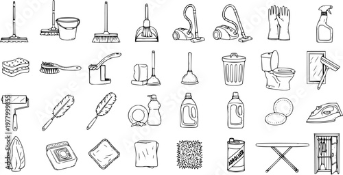 Cleaning Tools Line Art Vector: Mops, Buckets, Vacuums, Gloves, Sprays, Brushes, Dusters, Toilet, Plunger, Iron, Laundry, Wardrobe for Microstock