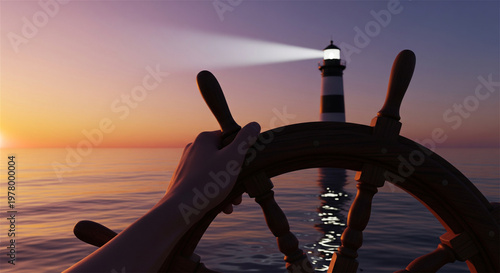 Nautical lighthouse at sunset with ship steering wheel, hand navigating boat towards beacon light, maritime guidance and leadership concept