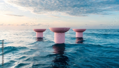 Three Soft Pink Minimalist Podiums Floating on Calm Ocean Elegant Product Display