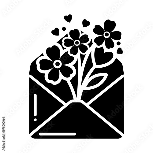 Flowers and heart shapes blooming from an open envelope