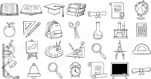Education School Supplies and Learning Objects Line Art Icons Set - Black and White Hand Drawn Doodle Sketch Collection for Academic Study