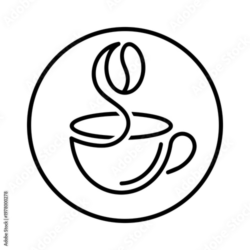Minimalistic Line Art of Coffee Cup with Roasted Bean Symbol Inside Circular Emblem Design