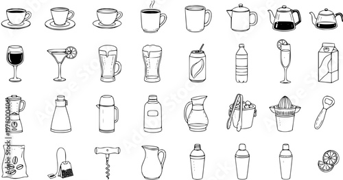 Drinks and Barware Vector Icon Set: Hand-Drawn Style for Food and Beverage Industry