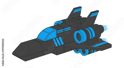 Futuristic Black and Blue Toy Spaceship with Jet Engines, Isolated on White