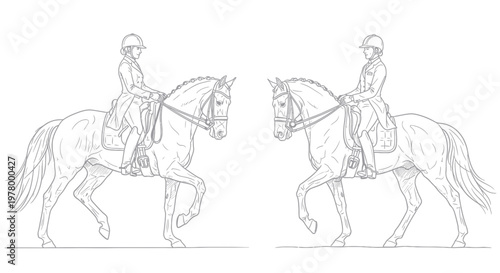 Equestrian Dressage Illustration: Two Riders on Horses Performing in Harmony
