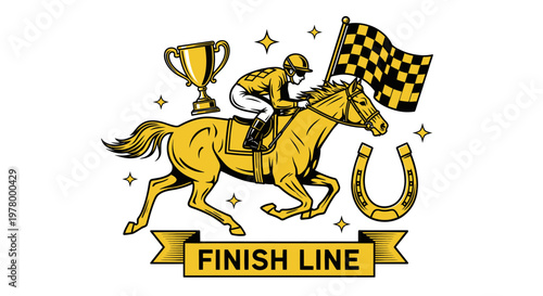Horse Racing Jockey Victory Trophy Checkered Flag Finish Line Horseshoe