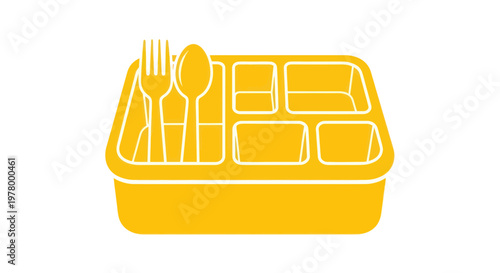 School Cafeteria Tray with Utensils, Divided Compartments, Yellow Icon