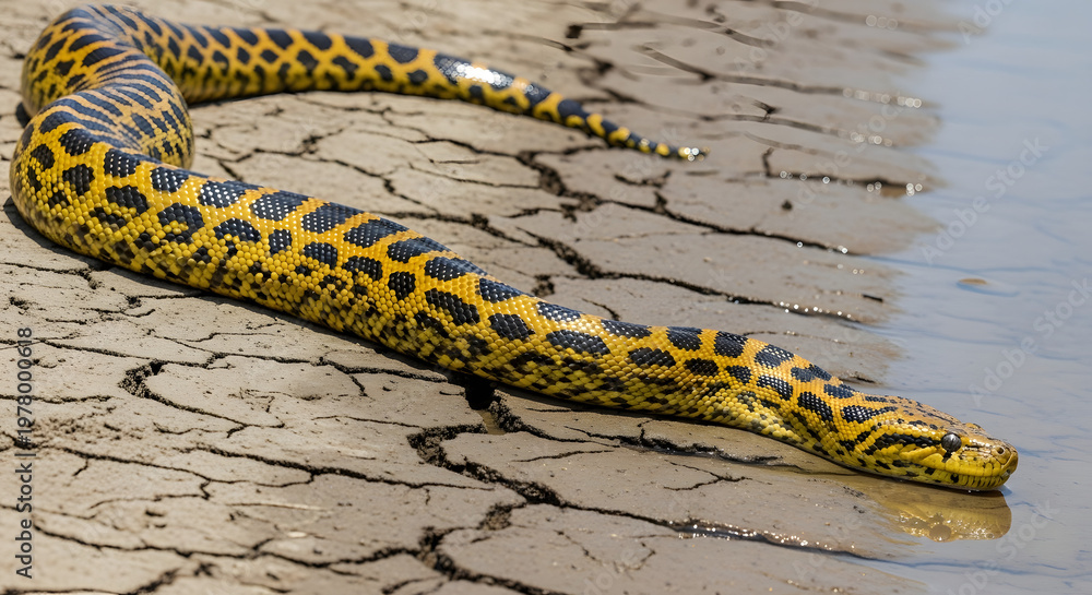 Obraz premium Yellow Anaconda Coiled on Cracked Muddy Riverbank