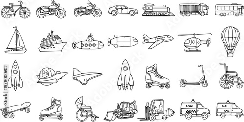 Transportation Vehicles Line Art: Bikes, Cars, Boats, Planes, Rockets, Scooters, Construction, and More