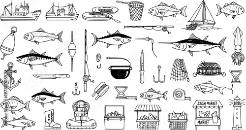 Fishing Vector Illustration: Seafood, Fish, Boats, Gear  Market. Hand-Drawn Line Art.