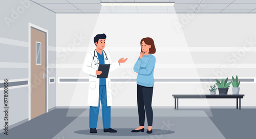 Medical consultation, doctor patient discussion, healthcare professionals, hospital interior, vector illustration