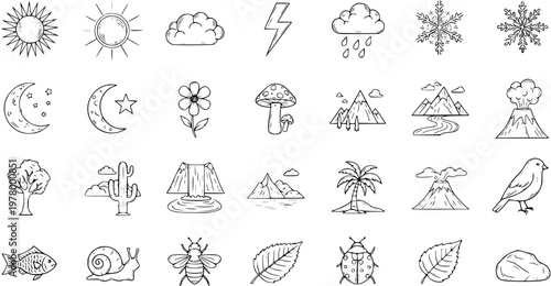 Doodle Line Art Nature and Weather Icons Set - Hand Drawn Collection of Environmental Elements, Seasons, Animals, and Plants