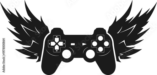 Black and white flat vector illustration of a video game controller with stylized wings representing gaming freedom and esports spirit.