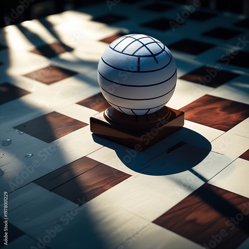 A water polo baLL resting on a chessboard, taking the place of the king piece, with a dramatic sidelight casting a long shadow on the board