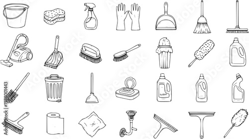 Household Cleaning Tools and Supplies Vector Line Art Set - Hand-drawn Black and White Icons for Janitorial, Hygiene, and Home Maintenance
