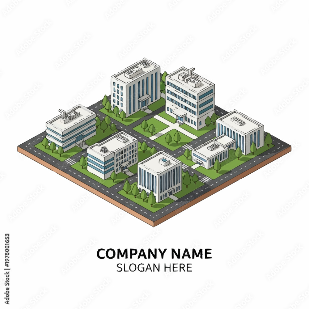 Obraz premium Isometric view of a modern office park with several buildings and green spaces.